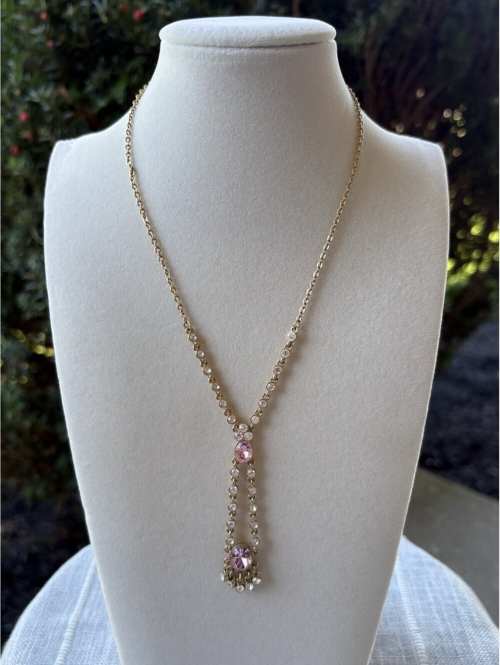 Givenchy Pink Crystal Rhinestone Y Drop Necklace Gold Tone Signed